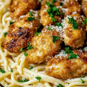 A plate of Lemon Garlic Butter Chicken with Parmesan Linguine garnished with fresh parsley