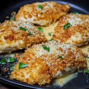 A golden, crispy Longhorn Garlic Parmesan Crusted Chicken topped with melted cheese and parsley.