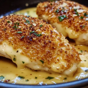 A plated Parmesan Crusted Chicken with golden crispy topping and a creamy cheese sauce.