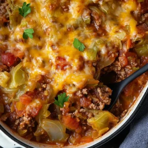 A plate of Low Carb Unstuffed Cabbage Casserole topped with melted cheese