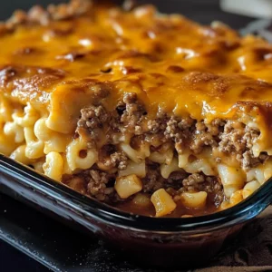 A baked Mac and Cheese Meatloaf Casserole with a golden cheese topping.