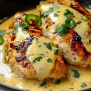 A plate of Mexican Chicken with Cheese Sauce, garnished with jalapeños and cilantro.