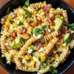 A vibrant bowl of Mexican Street Corn Pasta Salad garnished with fresh cilantro and lime wedges.