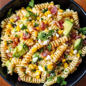 A vibrant bowl of Mexican Street Corn Pasta Salad garnished with fresh cilantro and lime wedges.