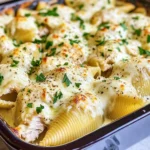 A plate of Million Dollar Chicken Alfredo Stuffed Shells with melted cheese and fresh parsley