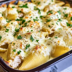 A plate of Million Dollar Chicken Alfredo Stuffed Shells with melted cheese and fresh parsley