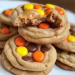 A stack of Mini Reese's Pieces Cookies with gooey peanut butter filling inside.