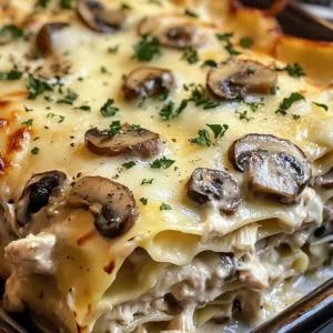 Mushroom Chicken Alfredo Lasagna served in a baking dish with melted cheese on top