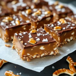 A plate of No Bake Caramel Pretzel Crack Bars with caramel drizzle and sea salt on top.