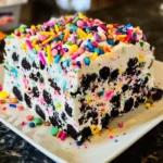 A colorful slice of No-Bake Funfetti Oreo Icebox Cake with sprinkles and Oreo layers