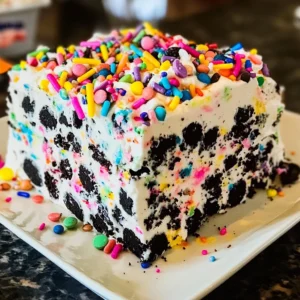 A colorful slice of No-Bake Funfetti Oreo Icebox Cake with sprinkles and Oreo layers
