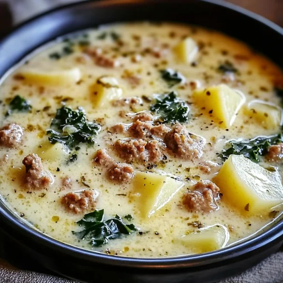 A bowl of Olive Garden Tuscan Soup with Turkey Sausage topped with kale