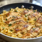 A creamy one-pan chicken and buttered noodles dish in a skillet, garnished with parsley.