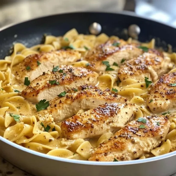 A creamy one-pan chicken and buttered noodles dish in a skillet, garnished with parsley.