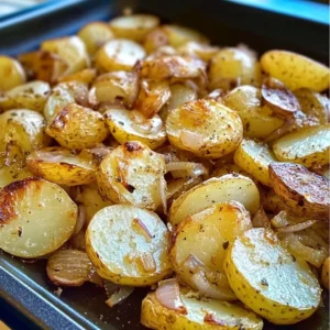 Golden brown oven-fried potatoes and onions served on a plate, crispy and delicious.
