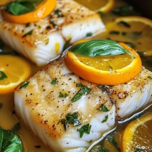 Pan Fried Cod topped with a vibrant Citrus Basil Butter Sauce garnished with fresh basil and orange slices.