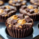 A batch of Peanut Butter Cup Brownies with melted peanut butter centers and chocolate drizzle.