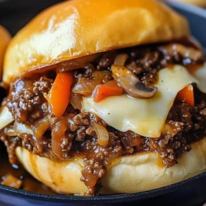 Philly Cheese Steak Sloppy Joes served on toasted brioche buns with melted provolone