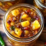 Bright, golden Pineapple Cowboy Candy in jars, featuring sweet pineapple chunks and slices of spicy jalapeños.