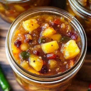 Bright, golden Pineapple Cowboy Candy in jars, featuring sweet pineapple chunks and slices of spicy jalapeños.