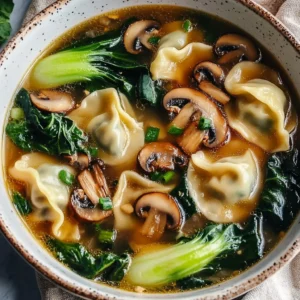 A steaming bowl of Potsticker Soup with Mushrooms & Bok Choy, garnished with green onions