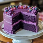 A slice of Purple Velvet Cake with creamy frosting and a rich purple hue.