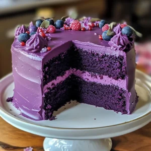 A slice of Purple Velvet Cake with creamy frosting and a rich purple hue.
