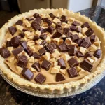 A slice of Reese's Peanut Butter Cookie Pie topped with ice cream and chocolate drizzle