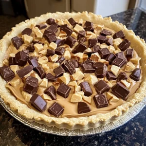 A slice of Reese's Peanut Butter Cookie Pie topped with ice cream and chocolate drizzle