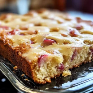 A slice of Rhubarb Cake with Butter Sauce drizzled on top and served on a plate