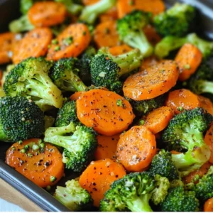 A tray of Roasted Broccoli and Carrots with golden brown edges