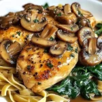 A skillet with creamy garlic mushroom chicken and spinach, garnished with fresh herbs.