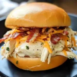 Slow Cooker Chicken Bacon Ranch Sandwich on a bun with melted cheese and crispy bacon