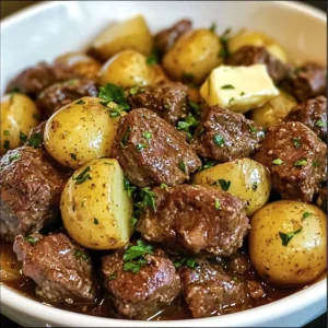 A plate of tender garlic butter beef bites with golden potatoes, garnished with fresh herbs.