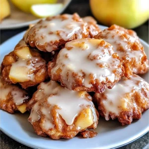 A plate of Soft Cinnamon Apple Fritters drizzled with vanilla glaze