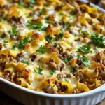 A serving of Sour Cream Beef Noodle Casserole with melted cheese and fresh parsley
