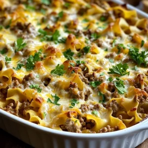 A serving of Sour Cream Beef Noodle Casserole with melted cheese and fresh parsley