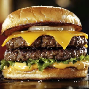 A juicy garlic double steakburger with melted cheese and toasted buns, served with fries.