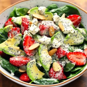 A colorful bowl of Strawberry Avocado Spinach Salad drizzled with poppyseed dressing.