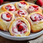 A plate of warm, homemade strawberry cheesecake sweet rolls drizzled with vanilla glaze.