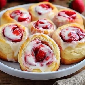 A plate of warm, homemade strawberry cheesecake sweet rolls drizzled with vanilla glaze.