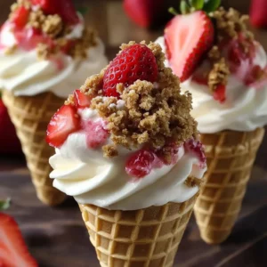 A waffle cone filled with creamy cheesecake filling, topped with strawberry crunch and fresh strawberry slices.