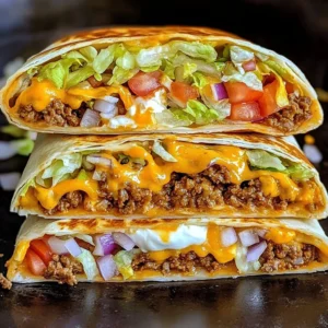 Crispy homemade Crunchwrap Supreme cut in half, showing beef, lettuce, cheese, and tomato layers
