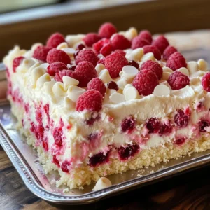 A slice of White Chocolate Raspberry Poke Cake with creamy frosting and white chocolate chips on top.