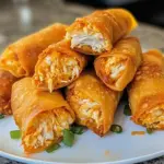 Golden brown buffalo chicken egg rolls served with ranch dressing