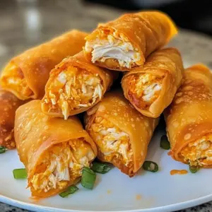 Golden brown buffalo chicken egg rolls served with ranch dressing