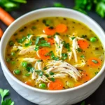 A bowl of Anti Inflammatory Chicken Soup garnished with fresh parsley.