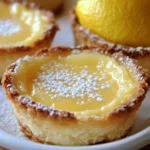 A beautifully golden Baby Lemon Impossible Pie with a dusting of powdered sugar and a slice of fresh lemon on top.