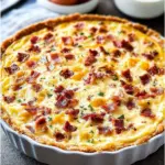 A slice of bacon and cheese crustless quiche on a plate with greens