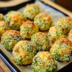 A plate of golden-brown Baked Broccoli Cheese Balls served with dipping sauce